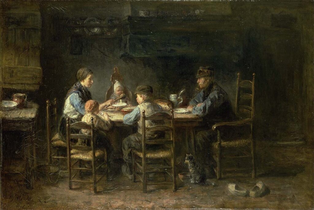 historia de las servilletas cuadro de familia comiendo en la mesa sin servilletas